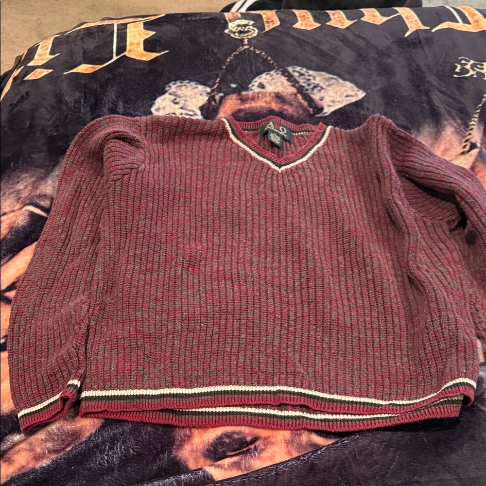 American Outpost Men’s VIN short waisted Burgundy multicolor V-Neck Sweater-XL